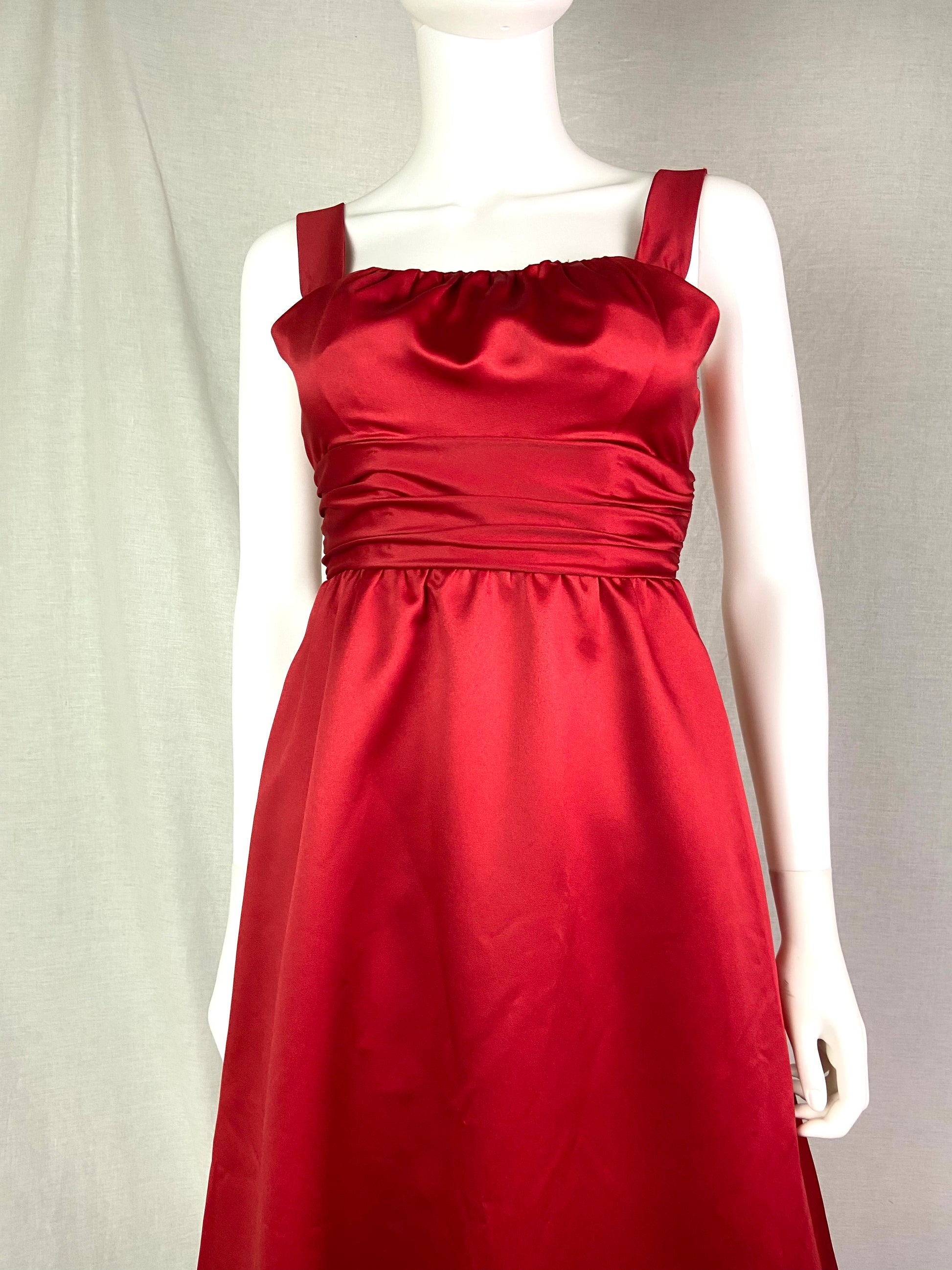 alfred angelo red dress Alfred Angelo Red Satin Empire Waist Gown ABBY ESSIE