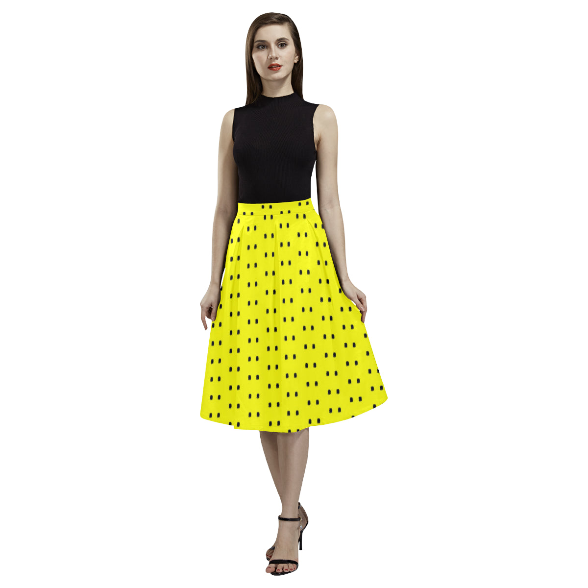 Fabric57 polka dots black yellow large panel crop Aoede Crepe Skirt (Model D16) e-joyer