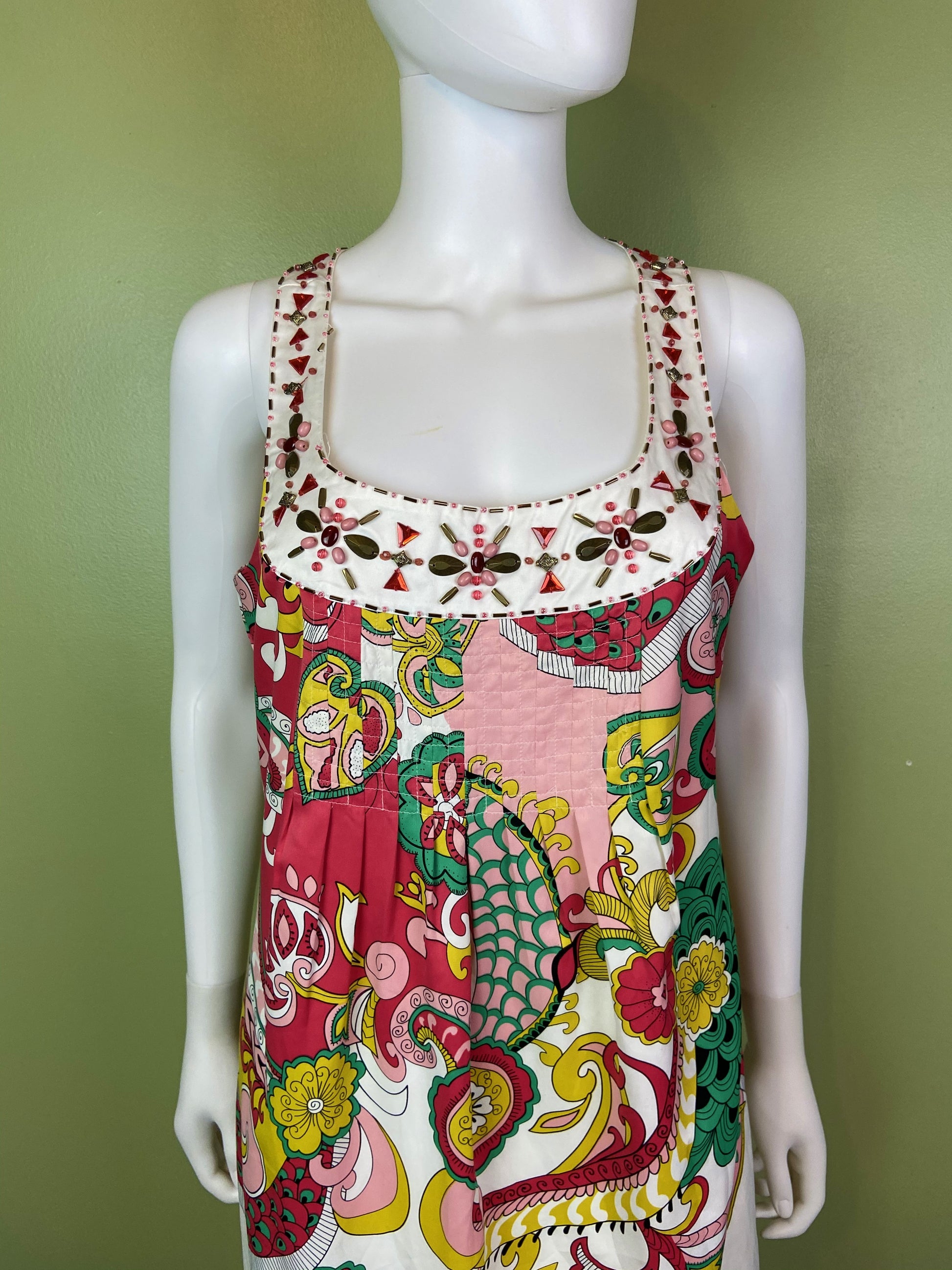 Nicole Miller Bejeweled Graphic Pink Green Silky Sheath Dress Abby Essie