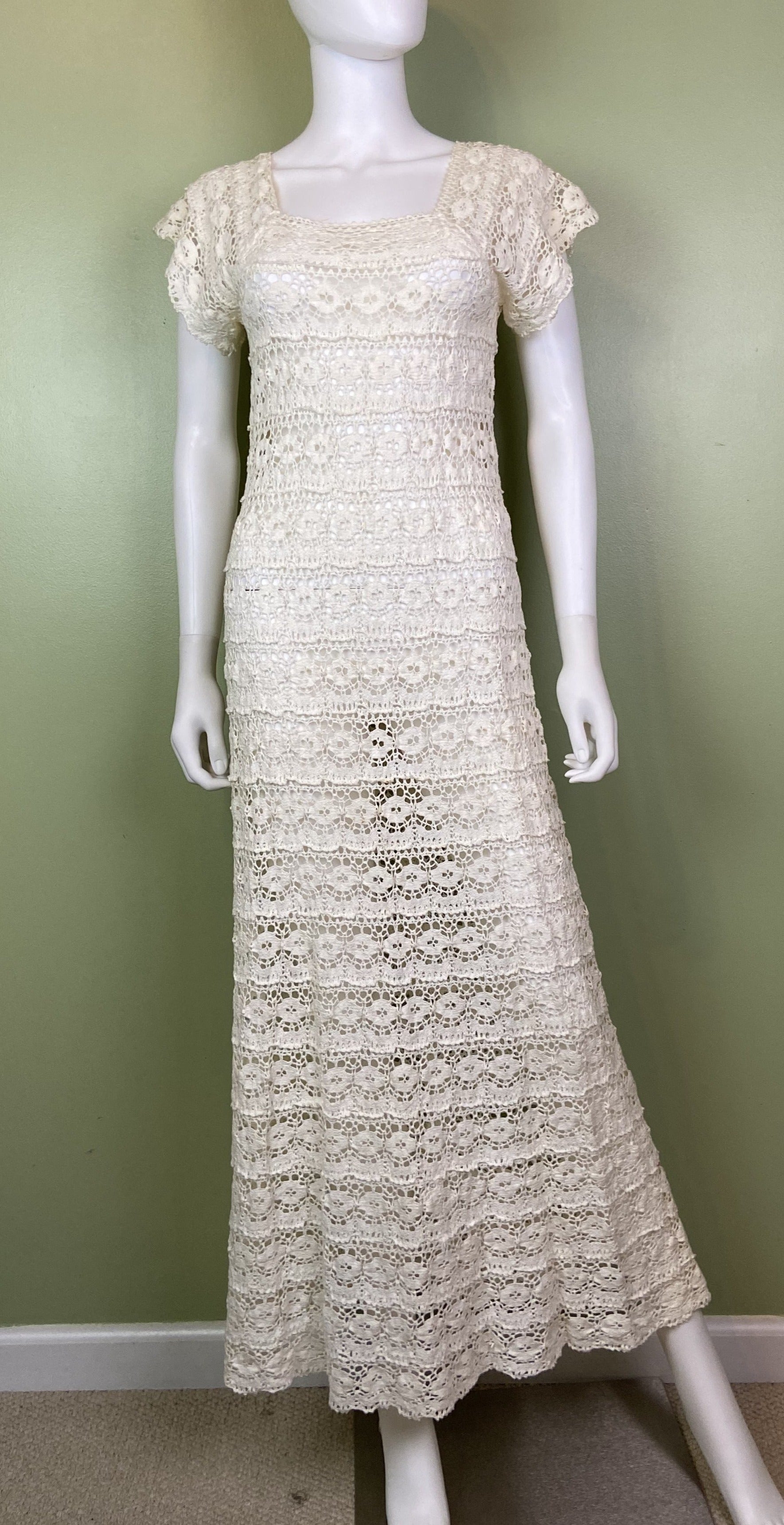 Vintage Bespoke Hand Knit Cream White Lace Crochet Gown – SUGA LANE