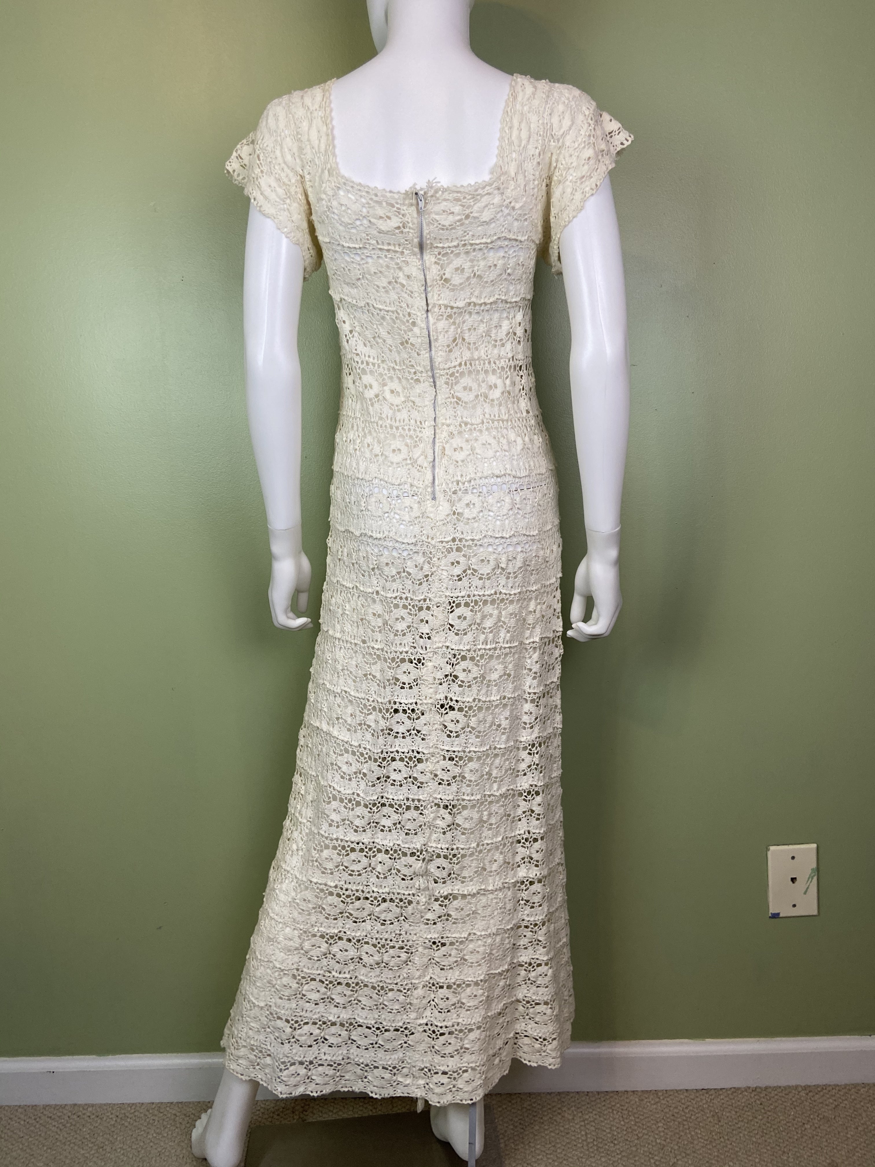 Vintage Bespoke Hand Knit Cream White Lace Crochet Gown – SUGA LANE